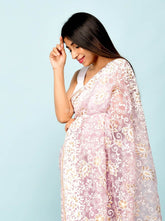 Heavy Chikankari Work On Light  Purple Organza Saree